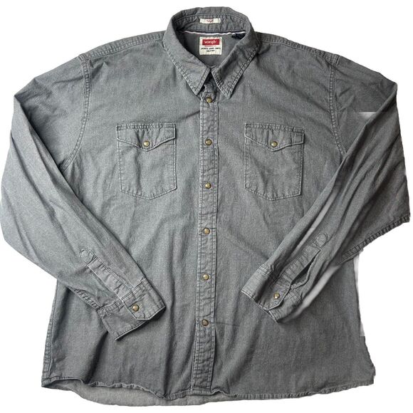 Wrangler Men’s 2XLT Pearl Snap Gray Denim Casual Normcore Western Cowboy Work - Picture 1 of 9